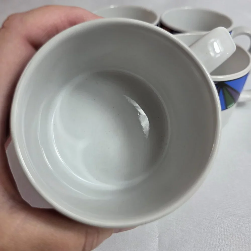 FOUR Sakura Sunset Mountain Flat Cups White with Multicolor Border